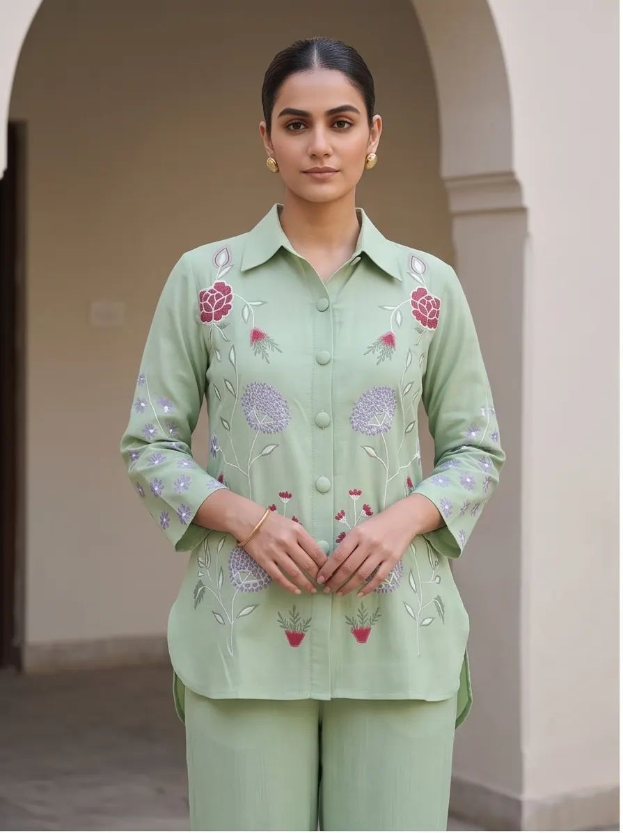 Sage Green Floral Embroidered Cotton Shirt Collar Tunic and Pant Co-ord Set