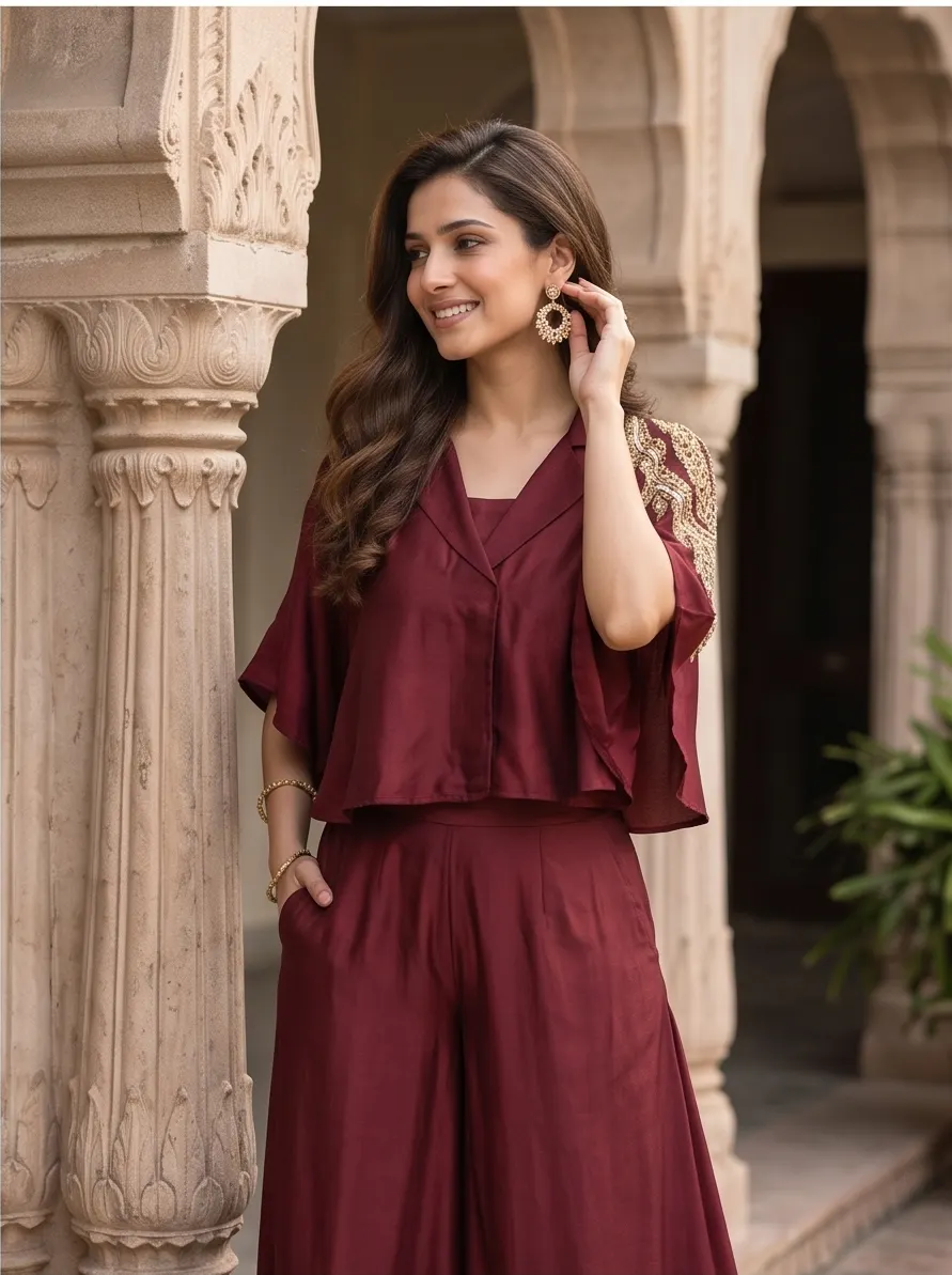 Wine Red Zari Shoulder Embroidered Silk Lapel Crop Top and Flared Palazzo Co-ord Set