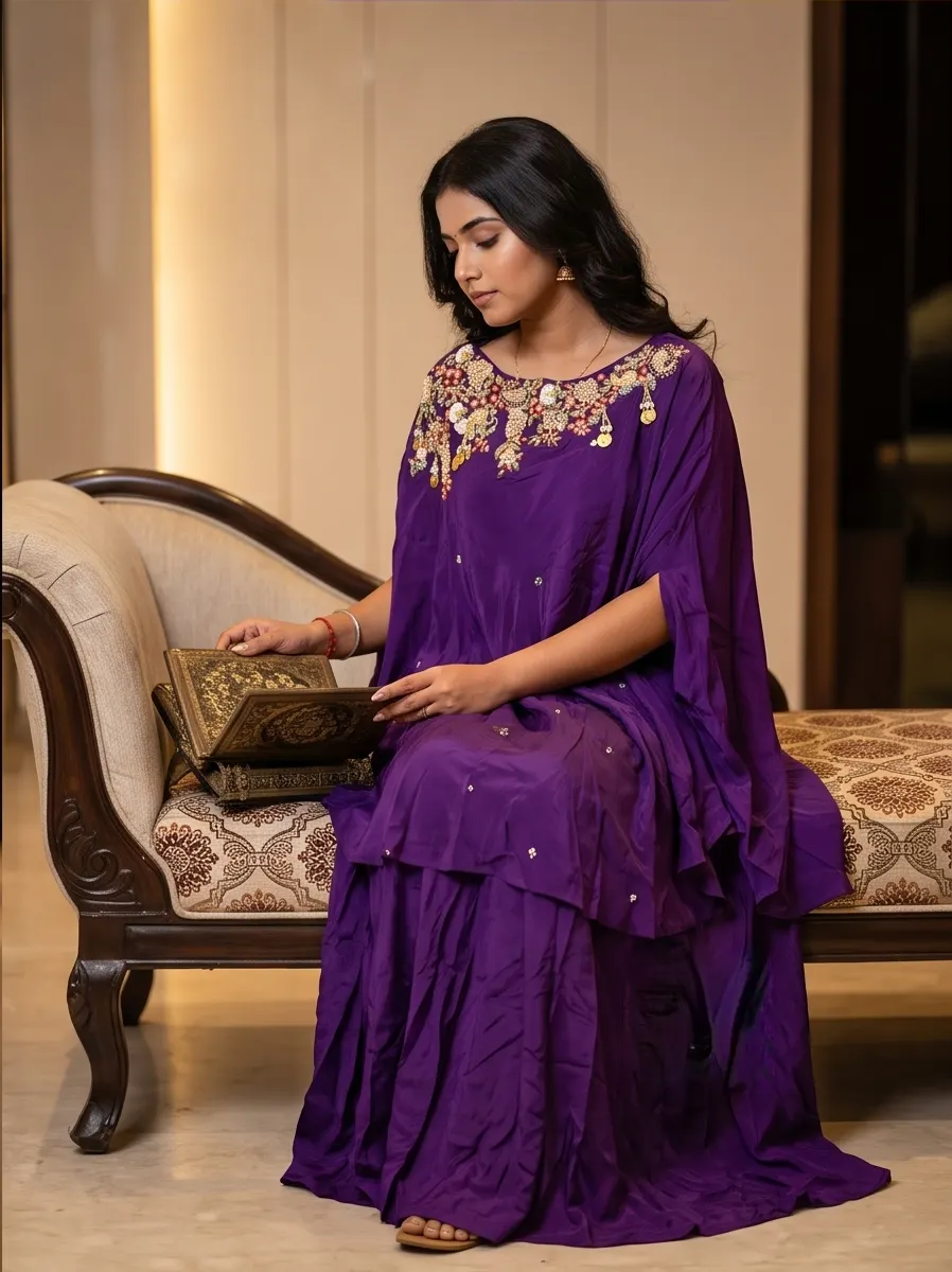 Purple Hand Embroidered Silk Kaftan Tunic and Palazzo Co-ord Set