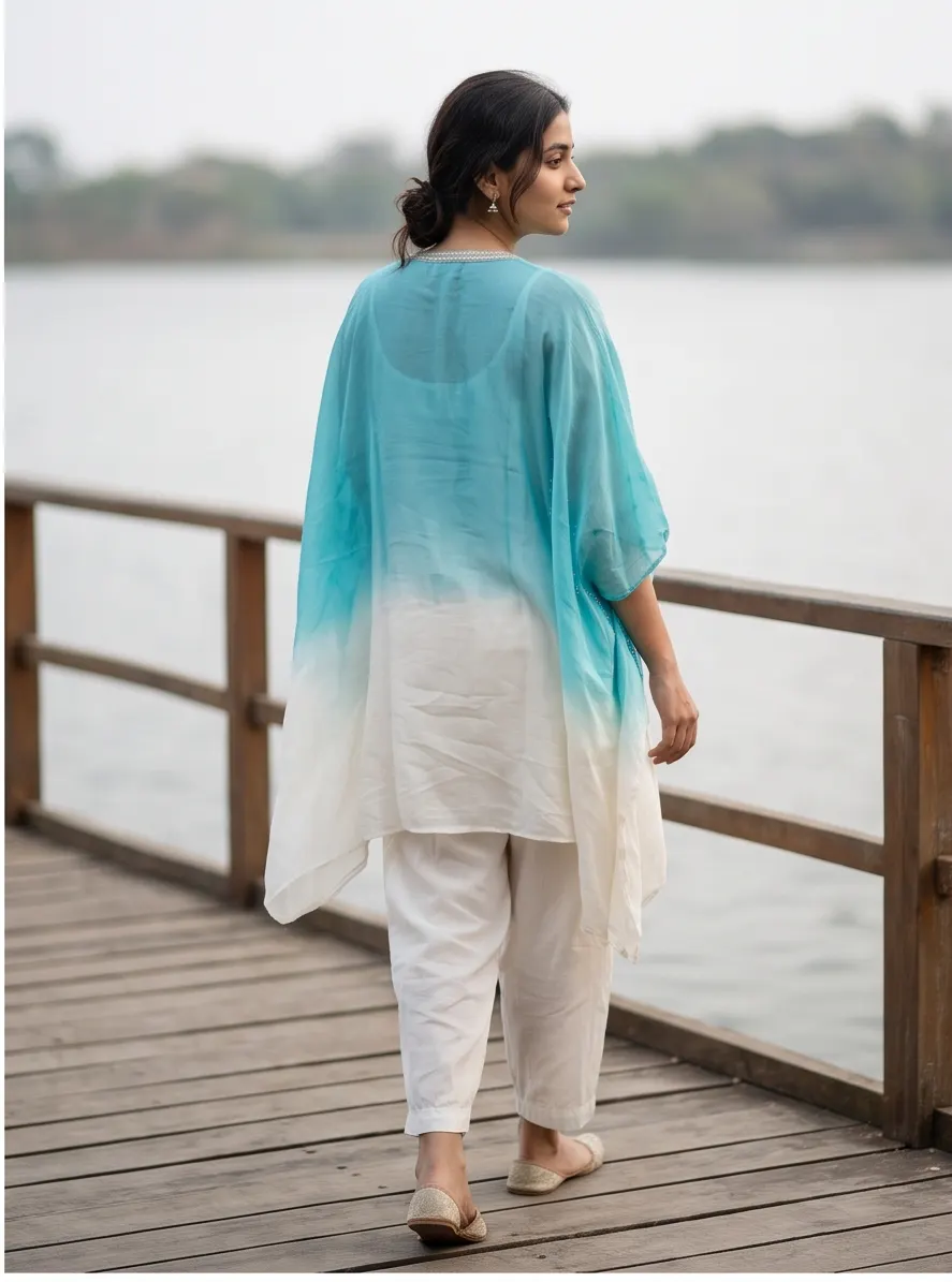 Sky Blue and White Ombre Gota Patti Embroidered Georgette Kaftan Tunic and Pant Co-ord Set