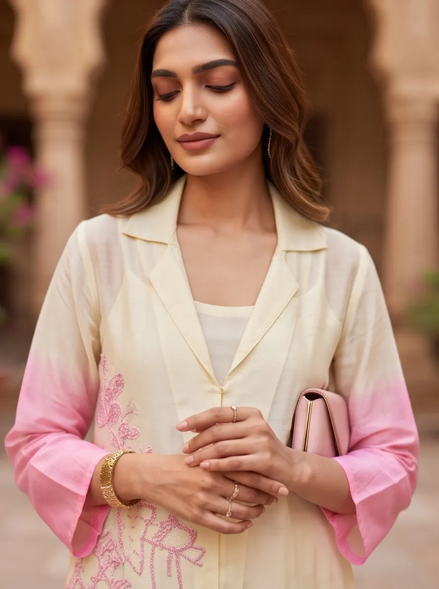 Off-White and Pink Ombre Floral Embroidered Cotton Lapel Collar Tunic and Pant Co-ord Set