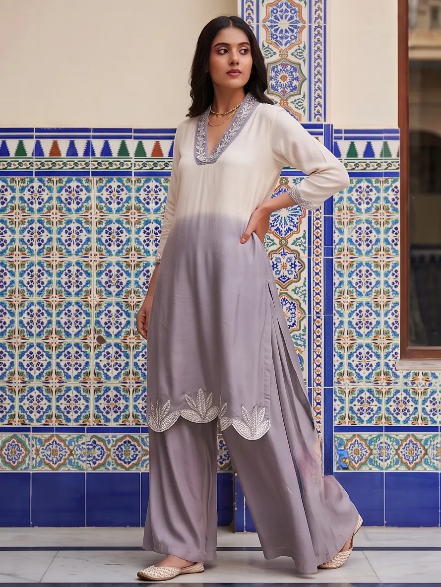 Off-White and Grey Ombre Embroidered Silk Straight Kurta Palazzo Set