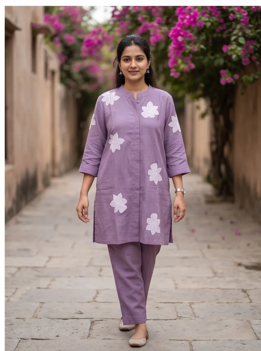 Dusty Lavender Floral Appliqué Cotton Mandarin Collar Tunic and Pant Co-ord Set
