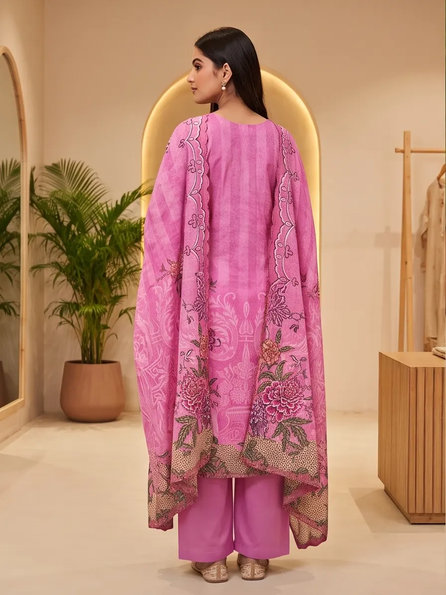 Pink Floral Print Neck Embroidered Silk Straight Kurta Palazzo Set with Scalloped Dupatta