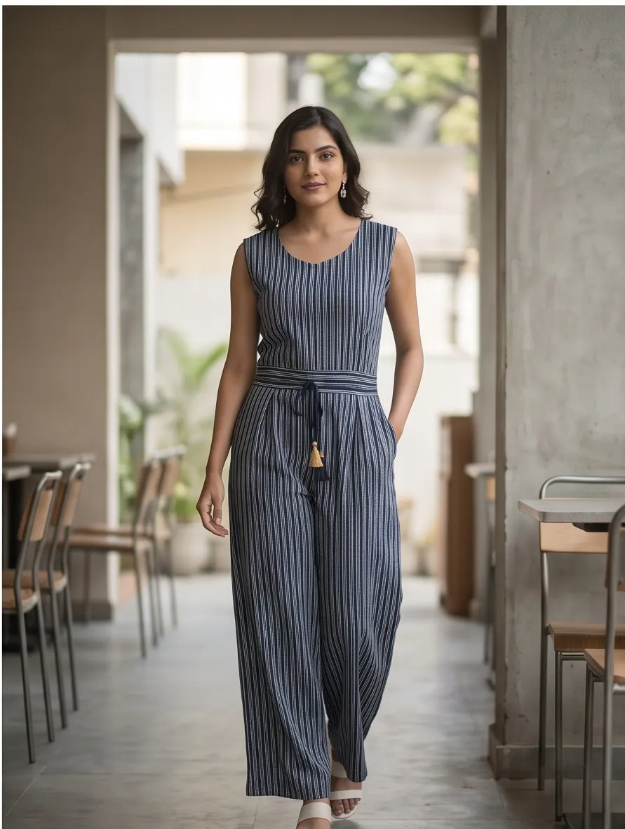 Navy Blue Striped Cotton Sleeveless Drawstring Wide Leg Jumpsuit