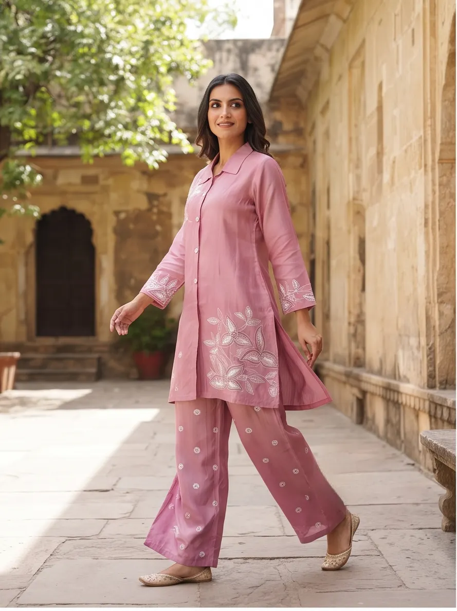 Mauve Pink Floral Appliqué Zari Embroidered Cotton Shirt Collar Tunic and Pant Co-ord Set