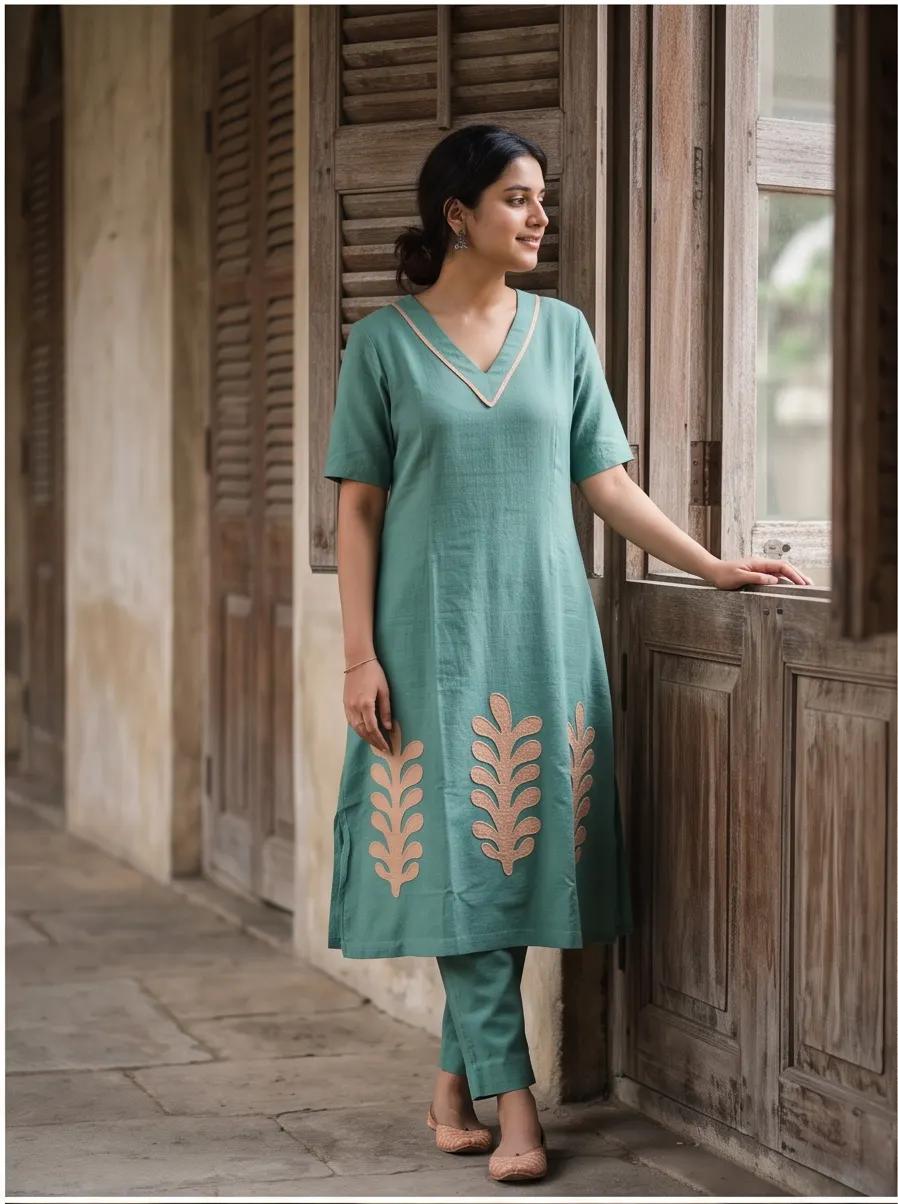 Sea Green Floral Leaf Appliqué Cotton V-Neck Straight Kurta and Pant Set