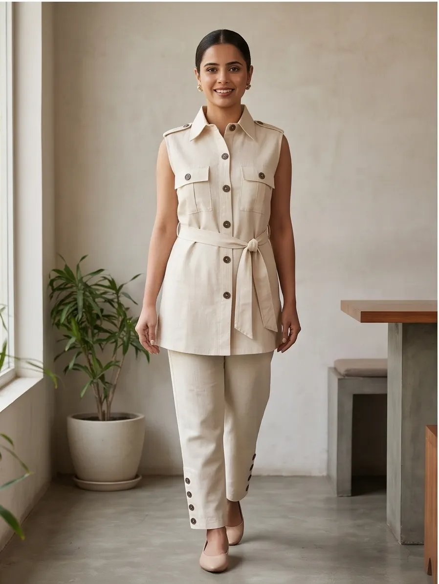 Off-White Sleeveless Belted Safari Shirt and Button-Cuff Pant Co-ord Set