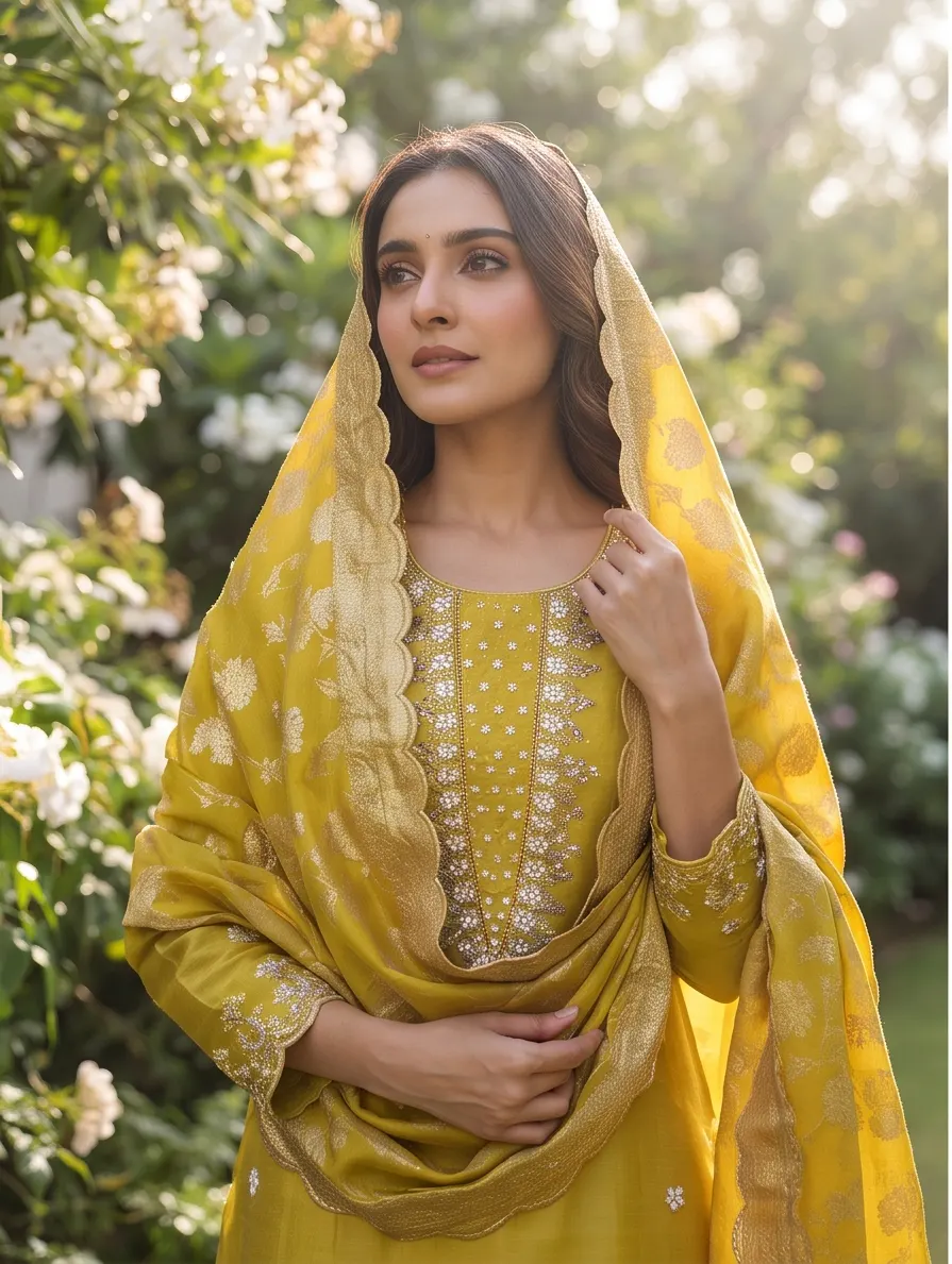 Golden Yellow Zari and Sequin Embroidered Chanderi Silk Straight Kurta Pant Set with Heavy Zari Woven Dupatta
