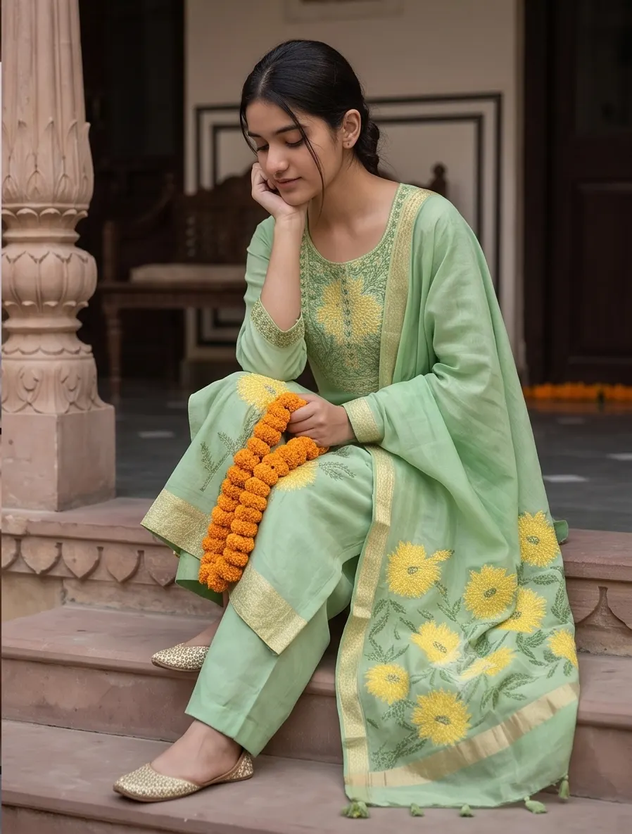 Mint Green Floral Embroidered Chanderi Silk Kurta Palazzo Set with Dupatta