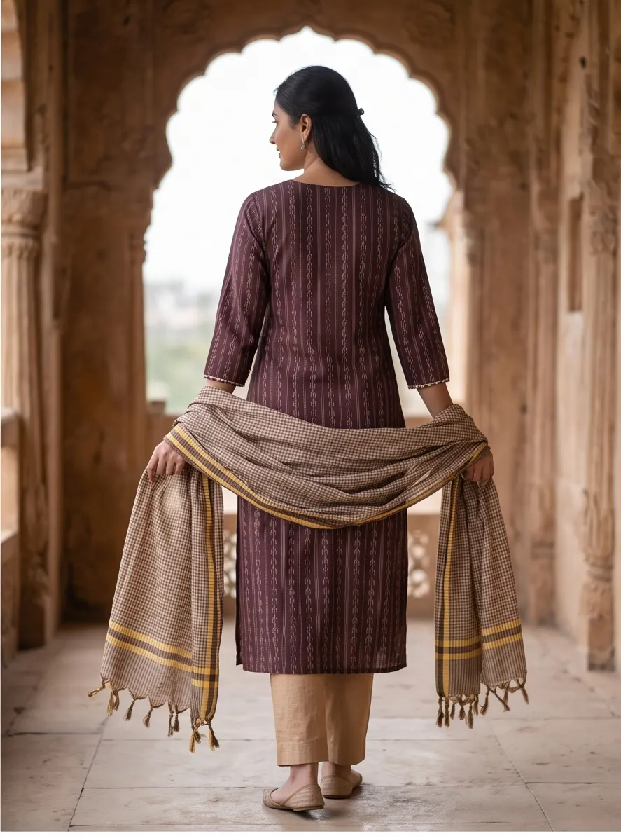 Coffee Brown Ikat Striped Thread Embroidered Cotton Straight Kurta Pant Set with Tasselled Dupatta