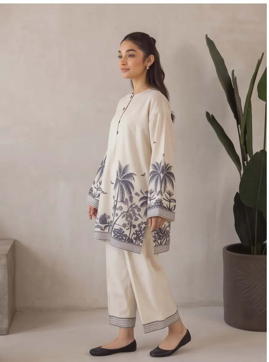 Cream Tropical Palm Tree Embroidered Cotton Straight Tunic and Pant Co-ord Set
