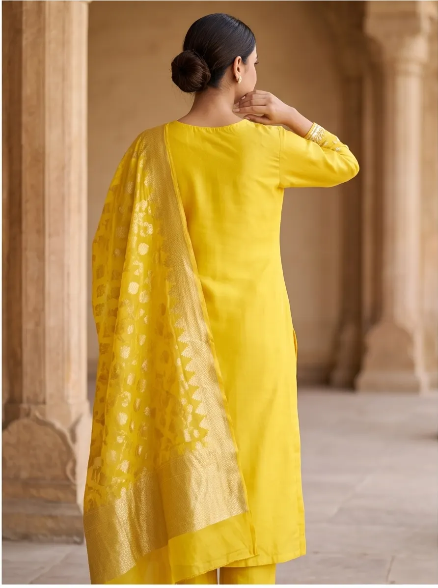 Bright Yellow Zari Embroidered Silk Straight Kurta Pant Set with Banarasi Dupatta