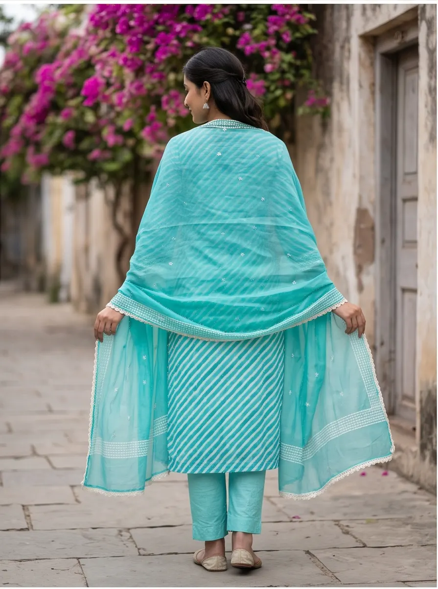 Teal Blue Striped Thread Embroidered Chanderi Silk Straight Kurta Pant Set with Lace Border Dupatta