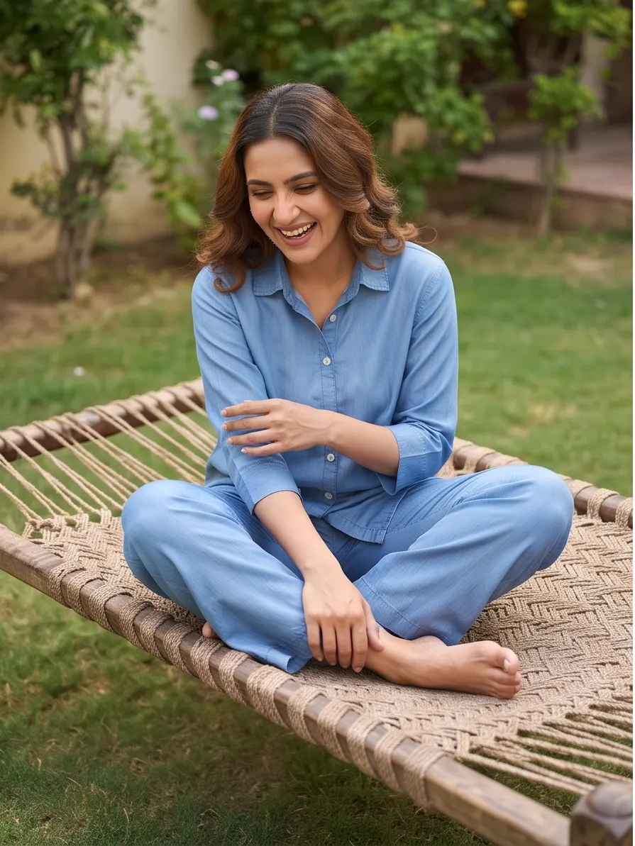 Light Blue Cotton Shirt Collar Tunic and Pant Co-ord Set