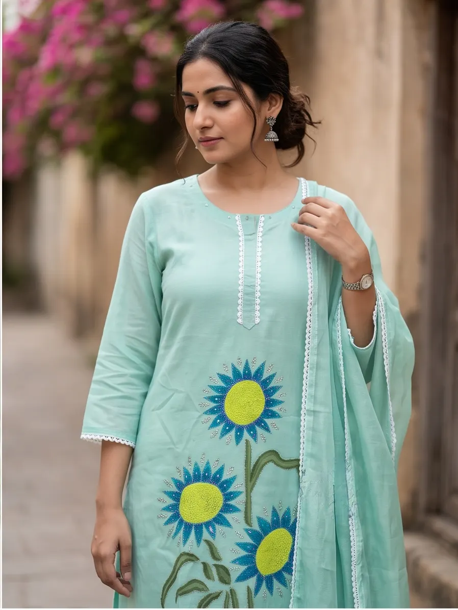 Mint Blue Sunflower Appliqué Embroidered Cotton Straight Kurta and Pleated Dhoti Pant Set with Dupatta