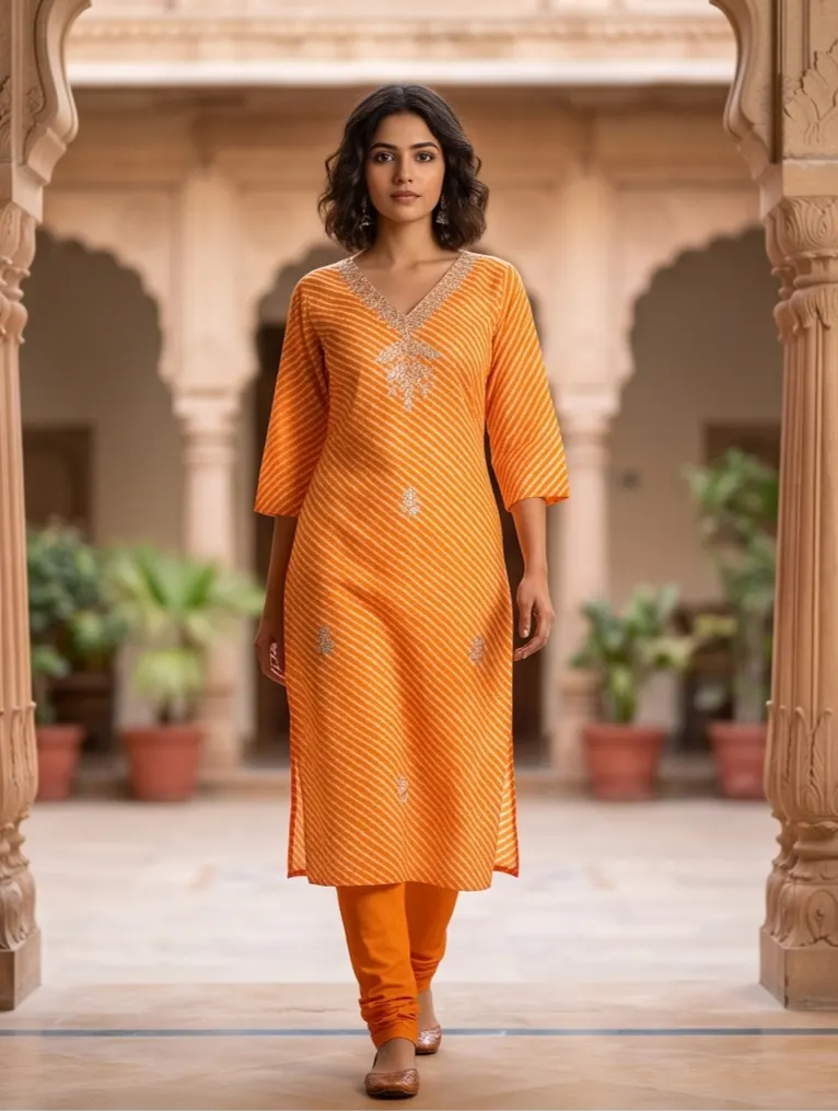 Orange Leheriya Print Embroidered V-Neck Straight Kurta and Churidar Set
