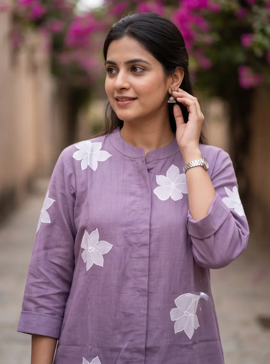 Dusty Lavender Floral Appliqué Cotton Mandarin Collar Tunic and Pant Co-ord Set