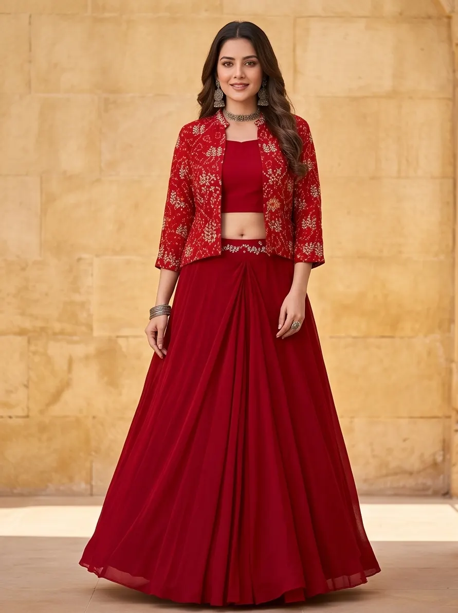 Maroon Bandhani Print Zari Embroidered Jacket Crop Top and Skirt Set with Dupatta