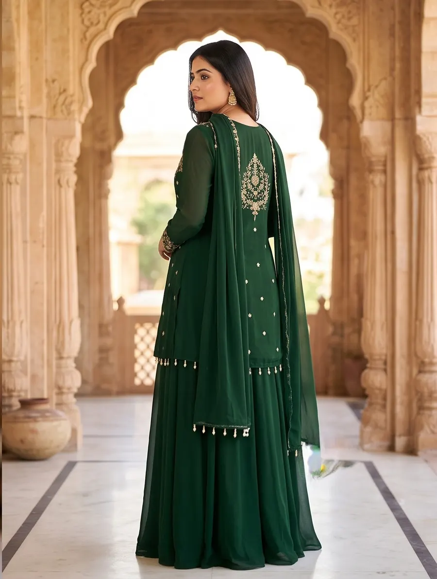Bottle Green Zari Embroidered Georgette Jacket Style Kurta Set with Dupatta