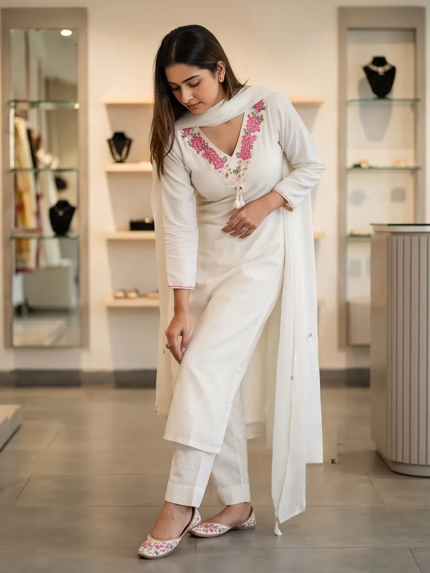 Off-White Floral Embroidered Silk Straight Kurta Pant Set with Dupatta