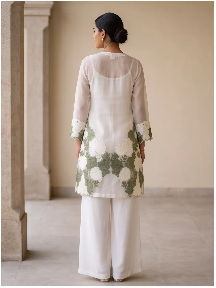 White Floral Appliqué Embroidered Sheer Tunic and Palazzo Co-ord Set with Inner Slip