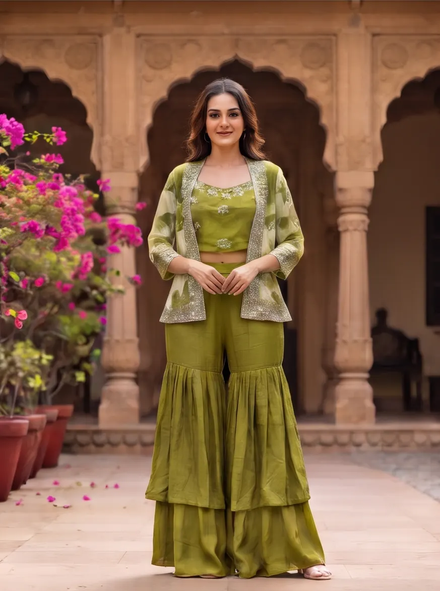 Olive Green Zari Embroidered Crop Top and Tiered Sharara Set with Sheer Jacket