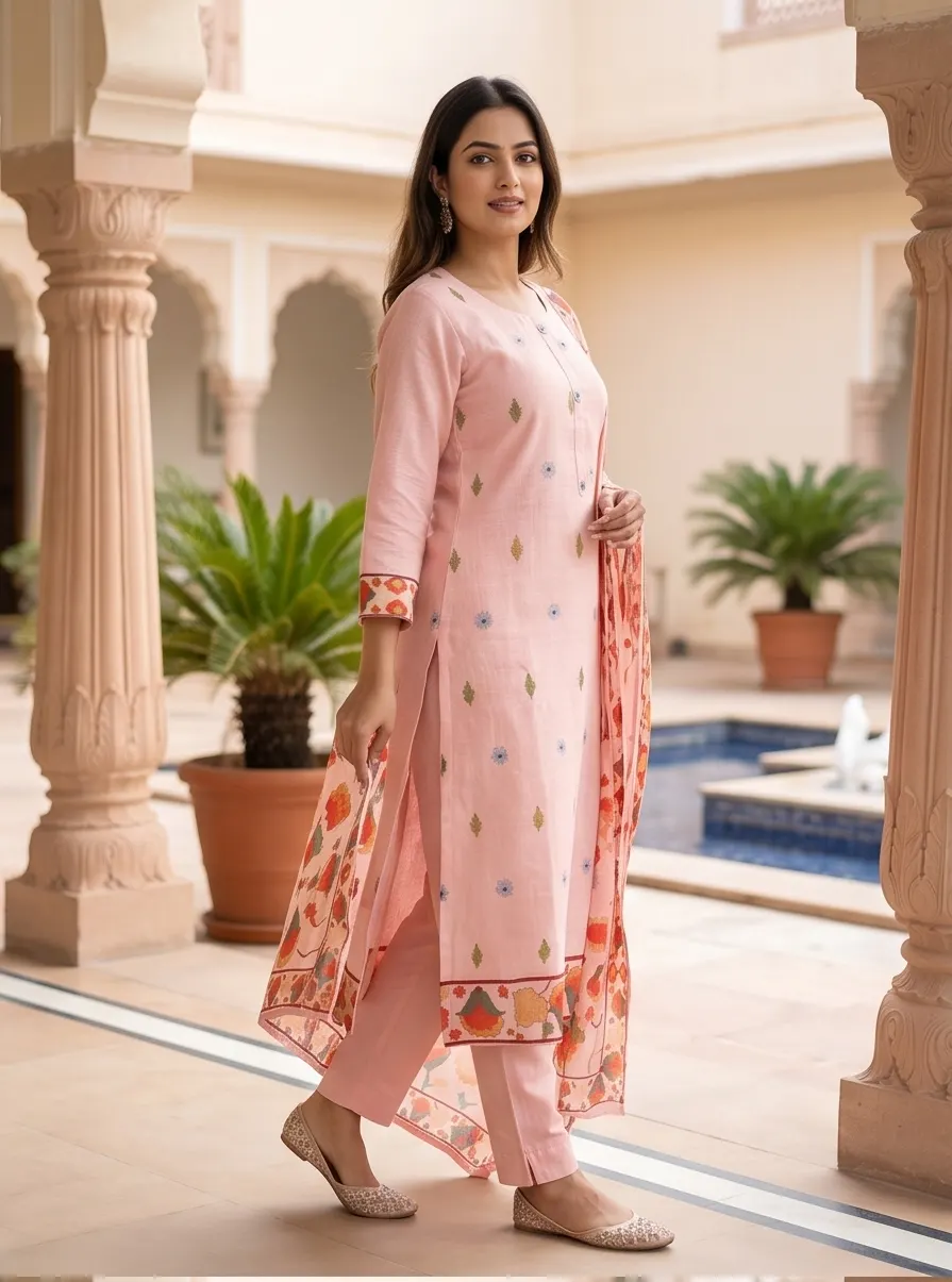 Peach Pink Floral Printed Cotton Straight Kurta Pant Set with Dupatta
