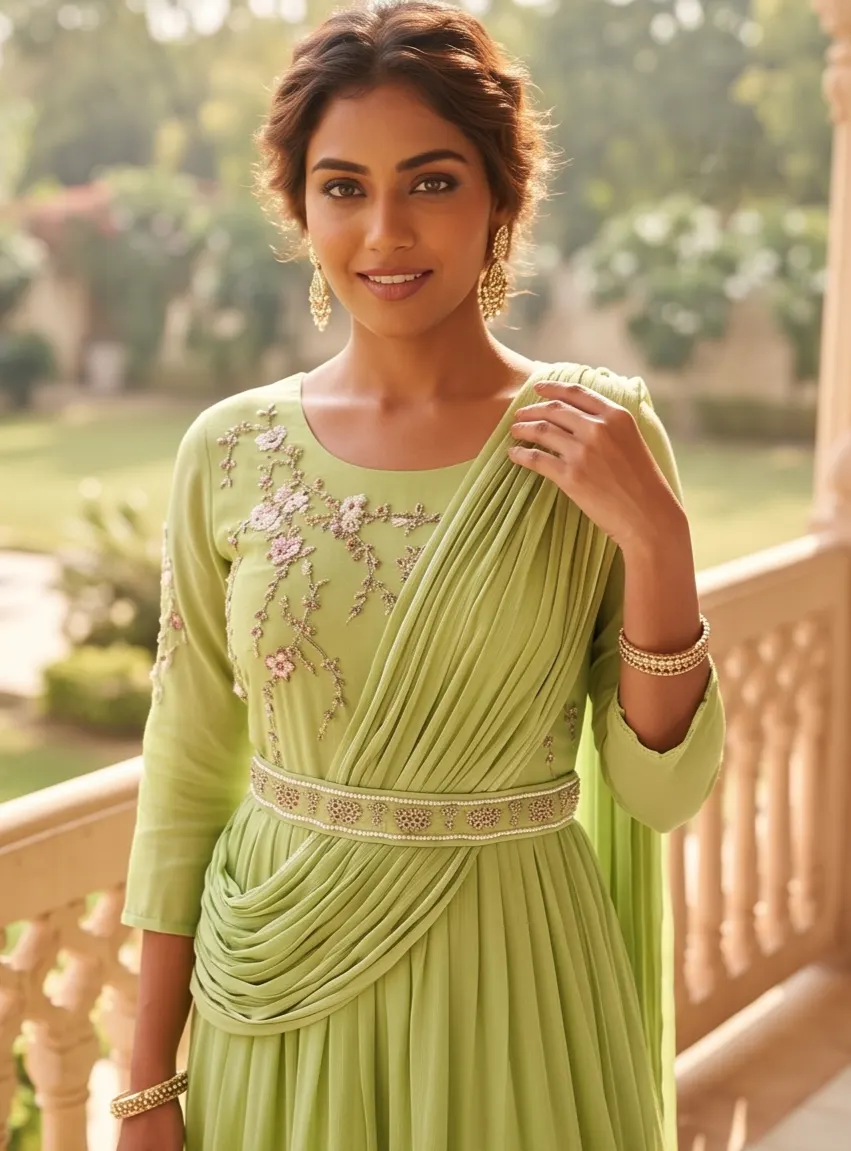 Pista Green Floral Embroidered Georgette Draped Style Tiered Anarkali Gown with Belt