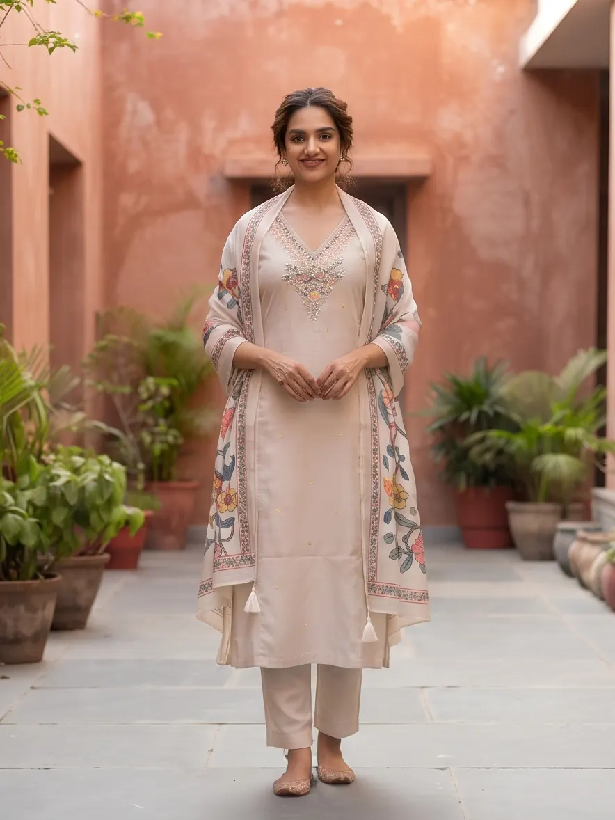 Beige Multicolour Floral Back Appliqué Zari Embroidered Chanderi Silk Straight Kurta Pant Set with Dupatta