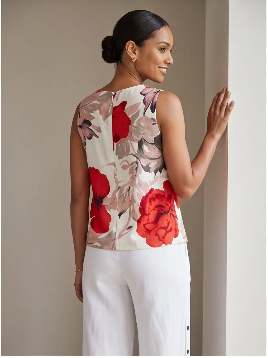 Red Floral Printed Sleeveless Linen Top and Side-Button Wide Leg Pant Co-ord Set