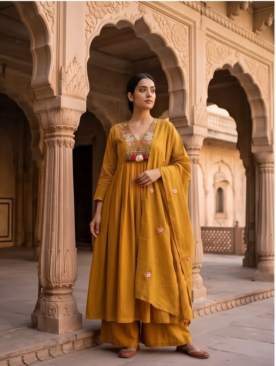 Mustard Yellow Gathered Anarkali Kurta and Palazzo Set with Embroidered Dupatta