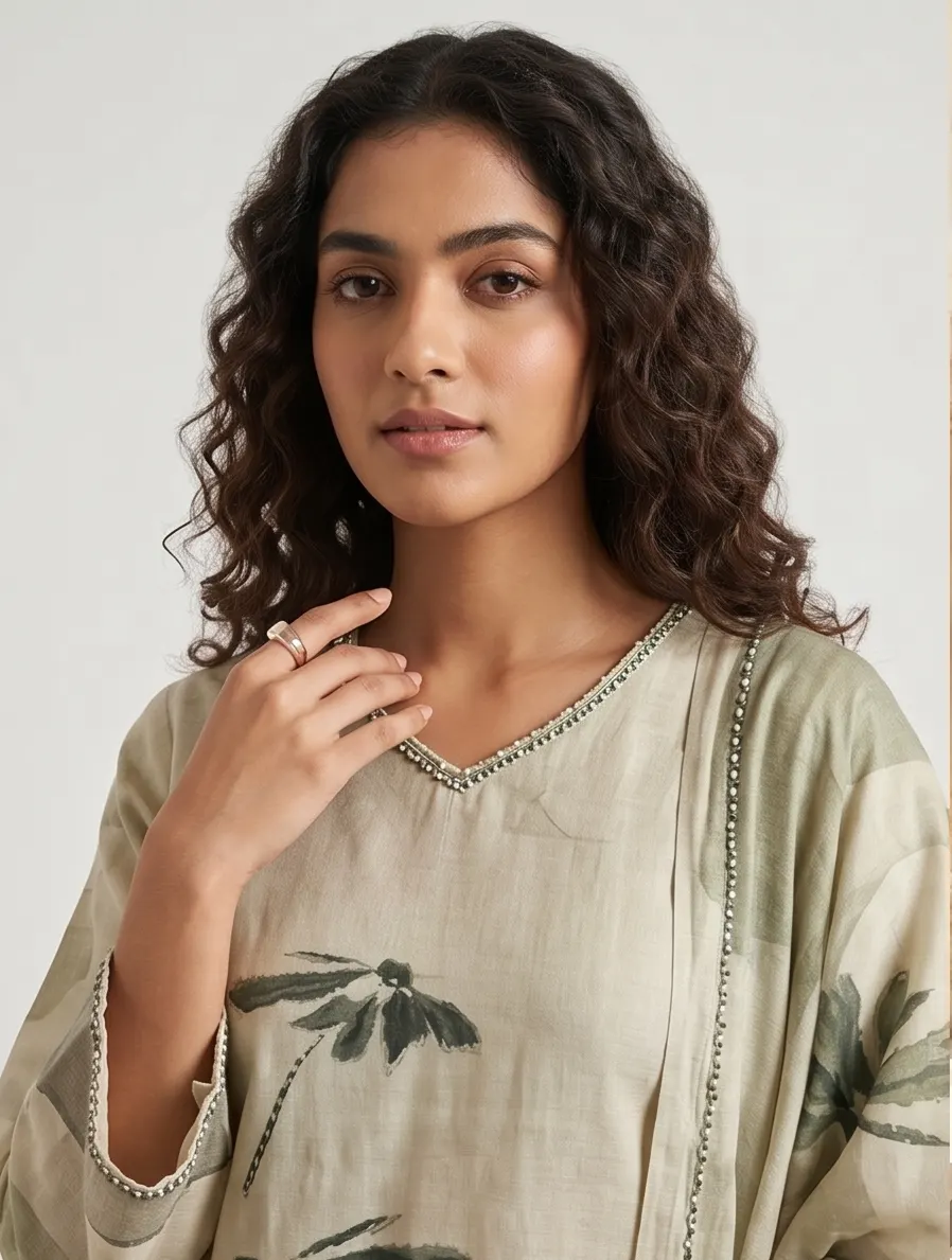 Beige Tropical Palm Tree Print Silk Straight Kurta Pant Set with Dupatta