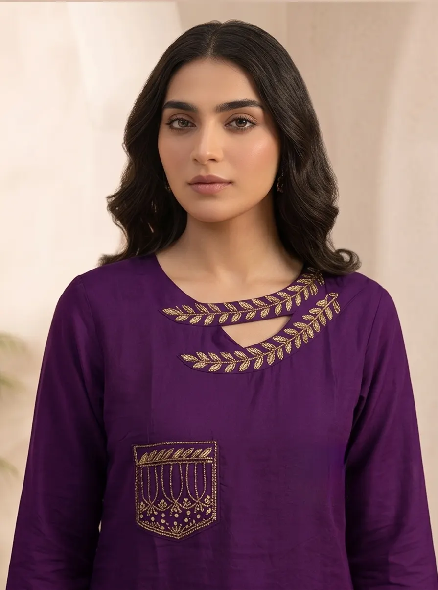 Deep Purple Cut-Out Neck Zari Embroidered Silk Straight Kurta and Palazzo Set