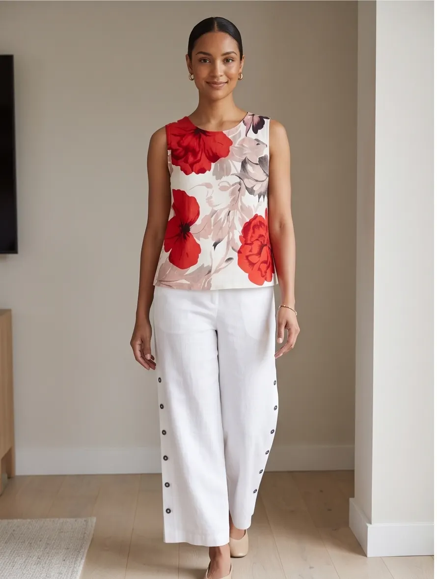 Red Floral Printed Sleeveless Linen Top and Side-Button Wide Leg Pant Co-ord Set
