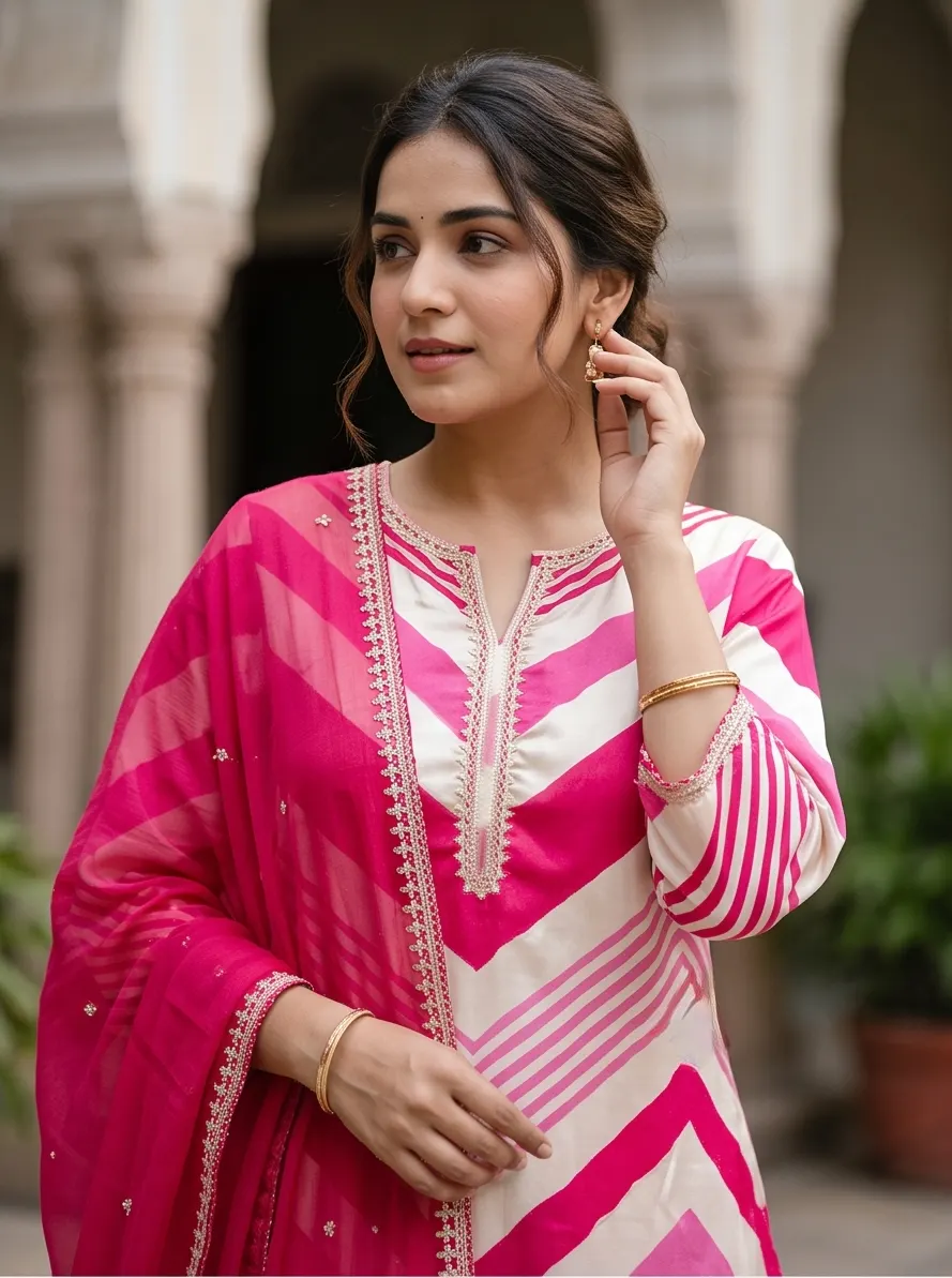 Fuchsia Pink and Off-White Chevron Leheriya Print Silk Kurta Pant Set with Dupatta