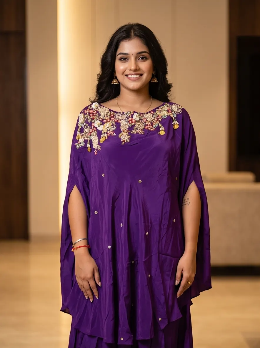 Purple Hand Embroidered Silk Kaftan Tunic and Palazzo Co-ord Set