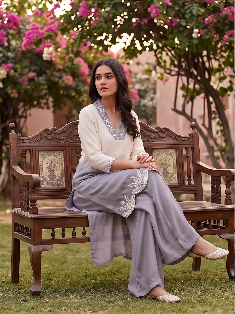 Off-White and Grey Ombre Embroidered Silk Straight Kurta Palazzo Set