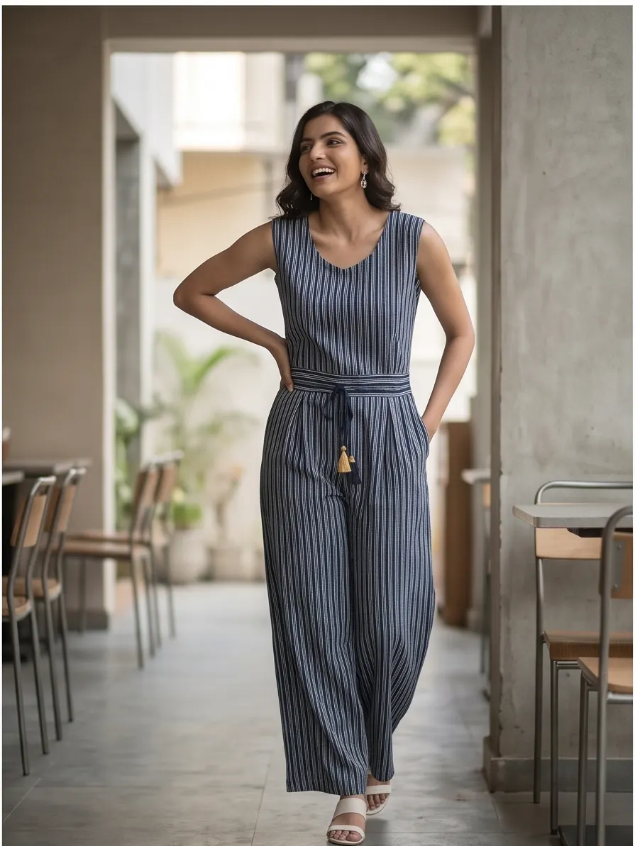 Navy Blue Striped Cotton Sleeveless Drawstring Wide Leg Jumpsuit