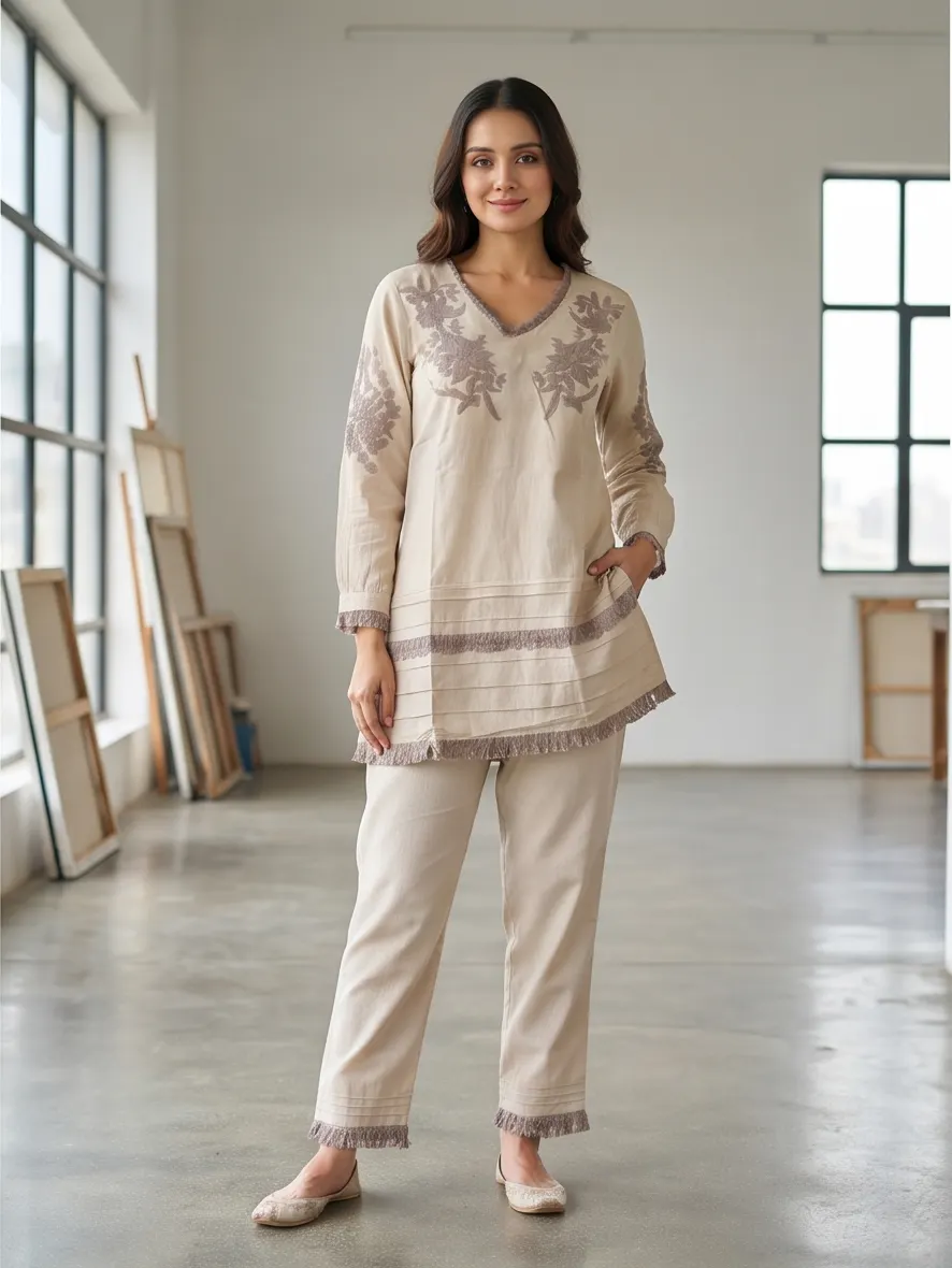 Beige Floral Thread Embroidered Cotton V-Neck Tunic and Pant Co-ord Set with Pleated Hem
