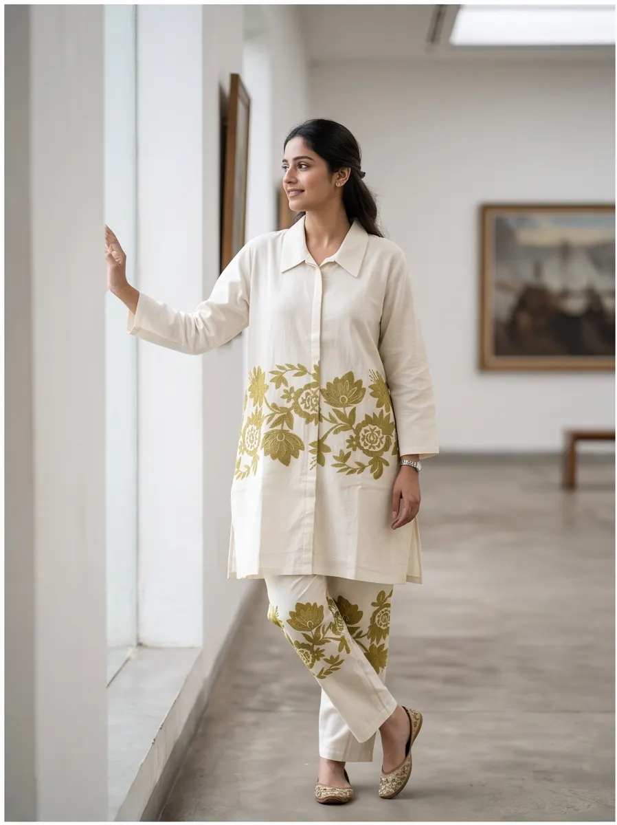Off-White Olive Green Floral Embroidered Cotton Shirt Collar Straight Tunic and Pant Co-ord Set