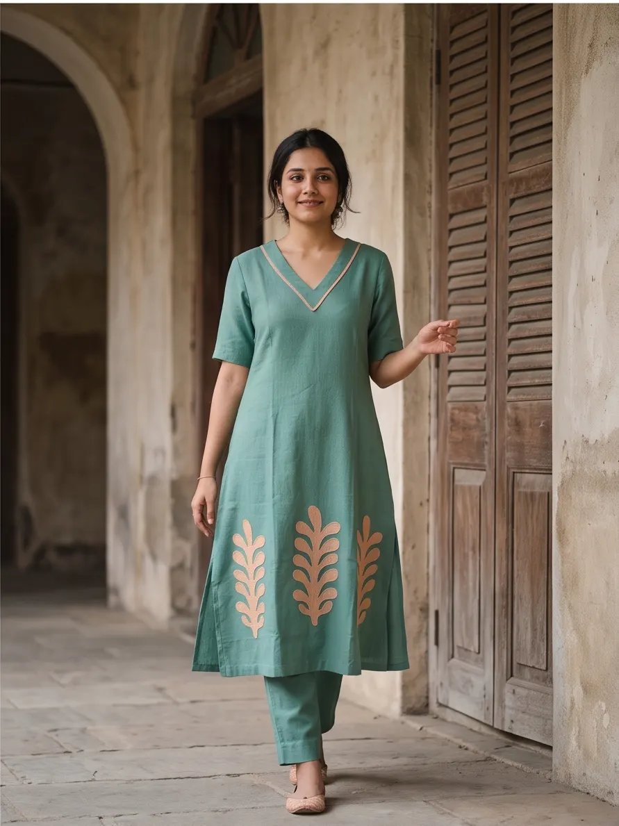 Sea Green Floral Leaf Appliqué Cotton V-Neck Straight Kurta and Pant Set