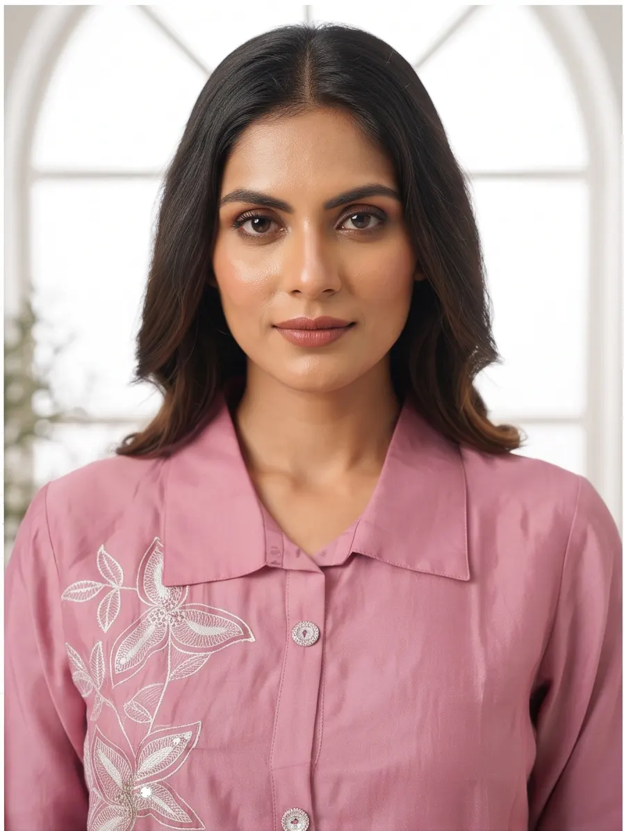 Mauve Pink Floral Appliqué Zari Embroidered Cotton Shirt Collar Tunic and Pant Co-ord Set