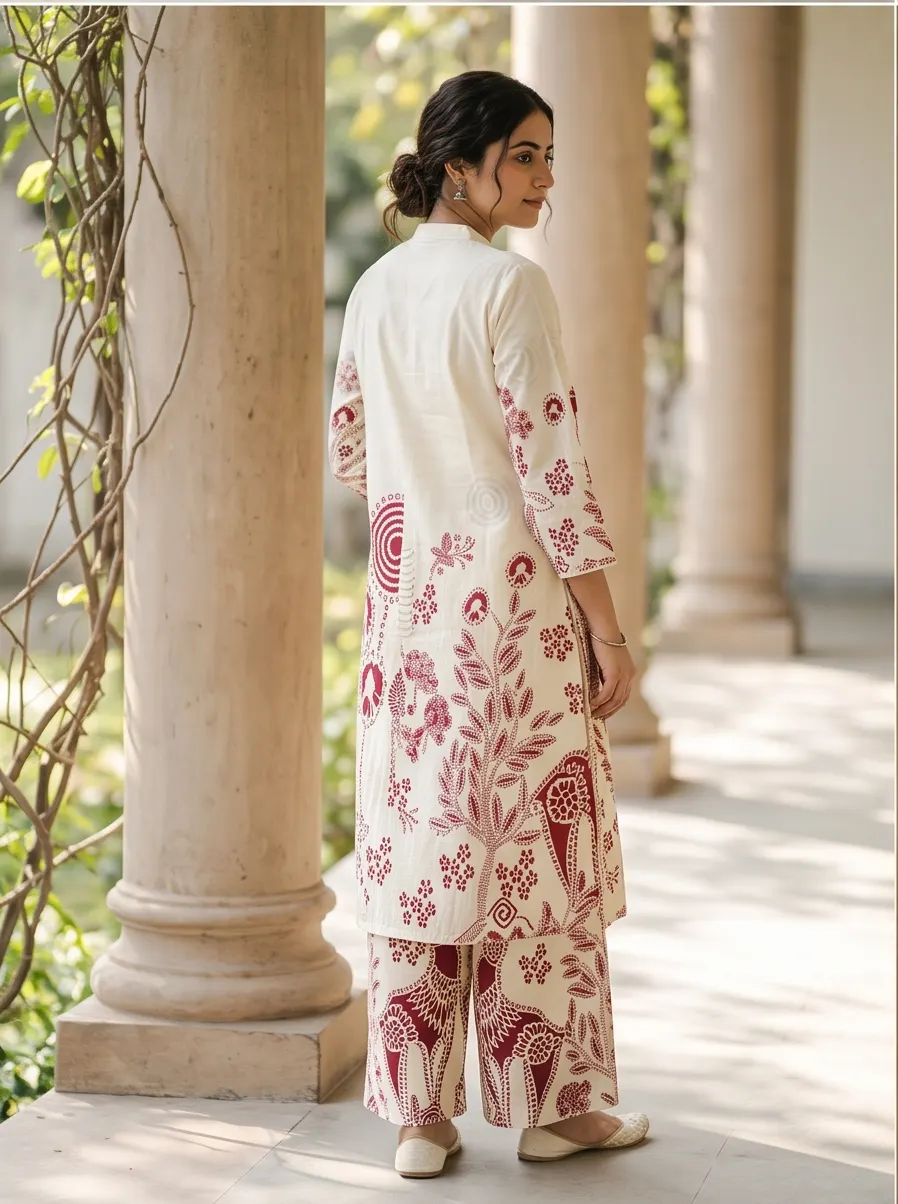 Off-White and Maroon Kalamkari Batik Print Cotton Mandarin Collar Straight Kurta and Palazzo Co-ord Set