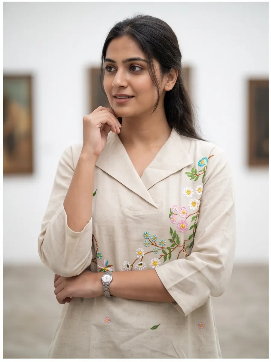 Beige Floral Embroidered Cotton Lapel Collar Straight Tunic and Pant Co-ord Set