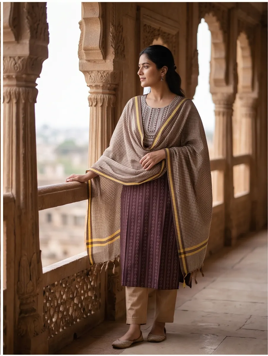 Coffee Brown Ikat Striped Thread Embroidered Cotton Straight Kurta Pant Set with Tasselled Dupatta