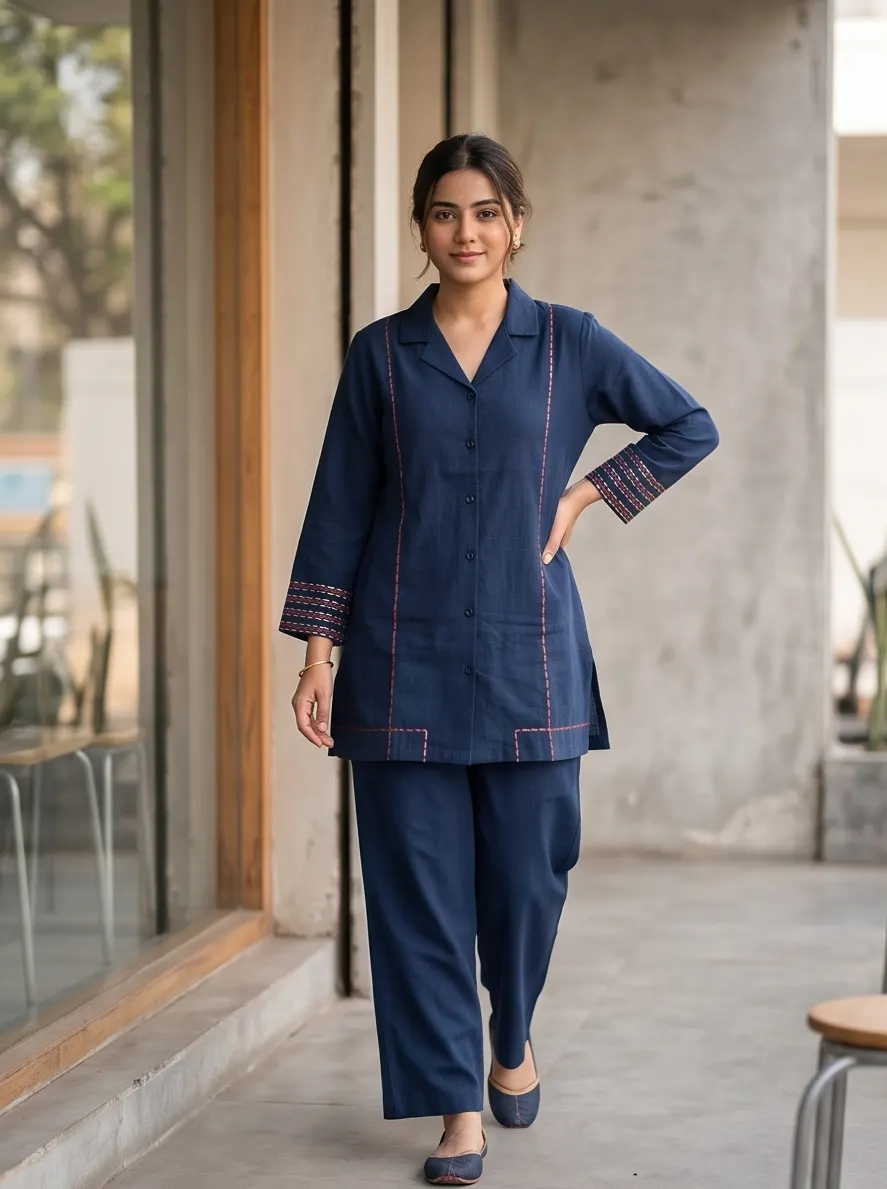 Navy Blue Floral Back Embroidered Cotton Notch Collar Tunic and Pant Co-ord Set