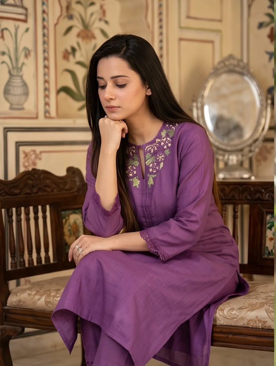 Purple Floral Embroidered Cotton Straight Kurta and Pant Set with Cutwork Hem