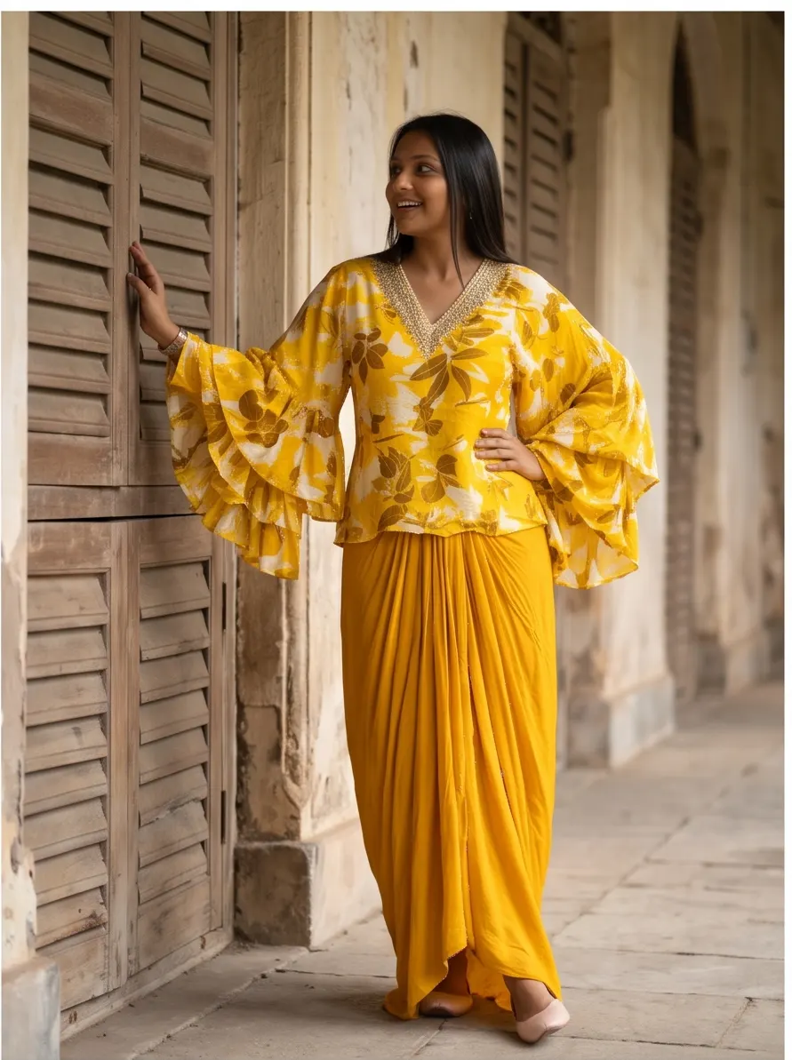Mustard Yellow Floral Print Zari Embroidered Tiered Sleeve Top and Draped Dhoti Skirt Co-ord Set