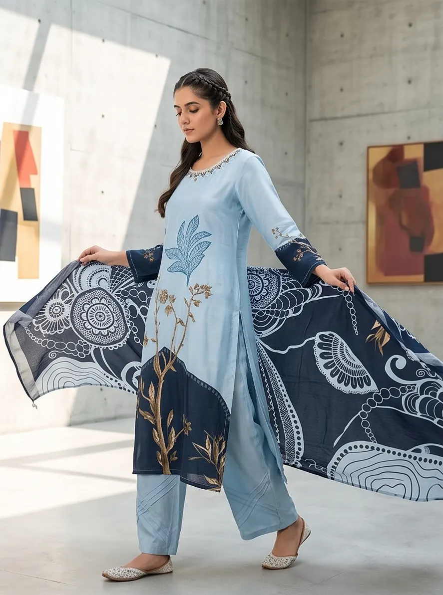 Powder Blue Botanical Print Hand Embroidered Silk Kurta Pant Set with Dupatta